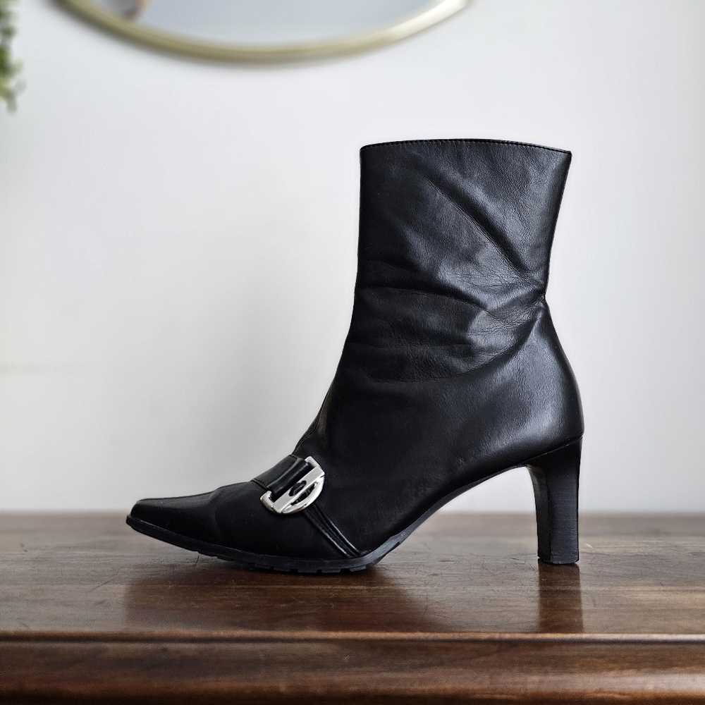 🖤 Paul Green Black Leather Ankle Boots Austria Made Heeled Square Toe Buckle - Picture 8 of 16